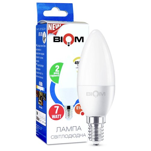 Свiтлодiодна лампа Biom BT-570 C37 7W E14 4500К матова №1