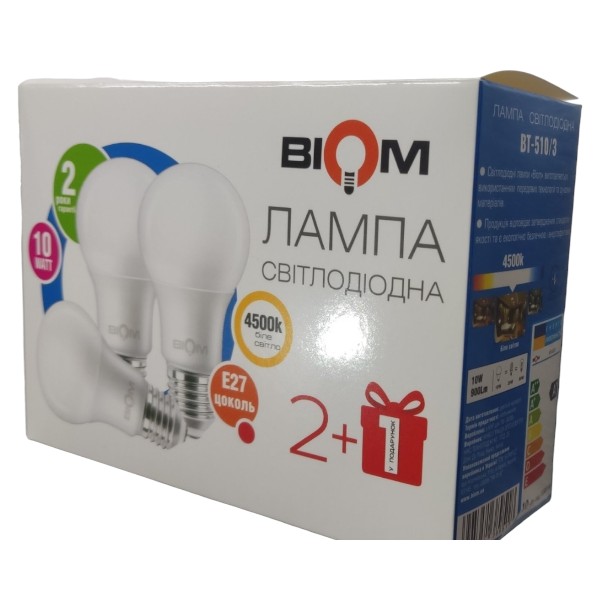 Світлодіодна лампа Biom BT-510/3 A60 10W E27 4500К матова (упаковка 3 шт.) №1