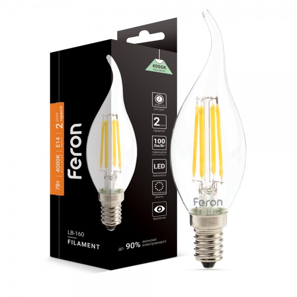 Светодиодная лампа Feron Filament LB-160 7Вт E14 4000K свеча на ветру №1